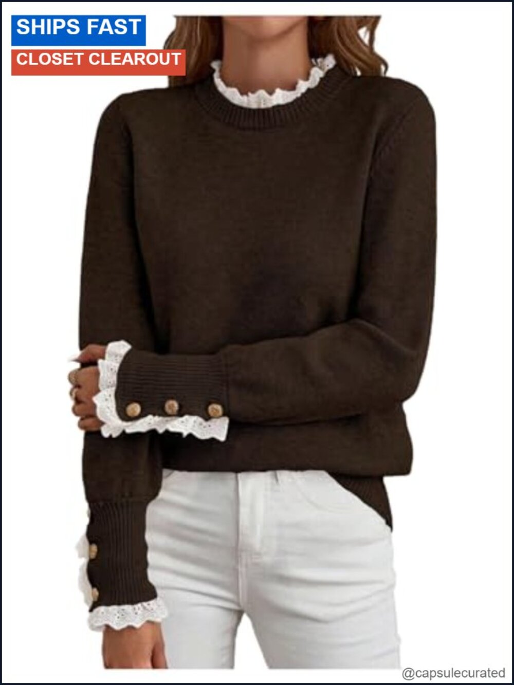 Women's Lace Mock Neck Cozy Pullover Sweater Knitted Button Casual Fall